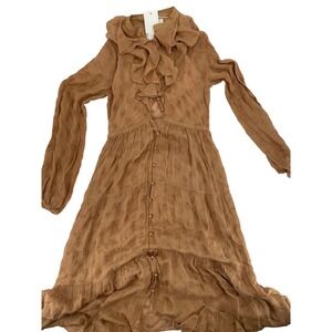 DÔEN Ruffled Eyelet Maxi Dress Tan Good Ruffle Neck Long Sleeve Button Front